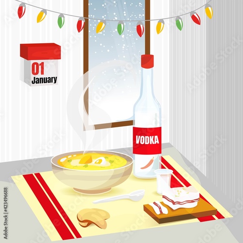 Morning after the holiday! Party with alcohol. Celebrating Christmas and New Year. Chicken soup, bacon, a bottle of vodka and bread. Hangover Recipe.