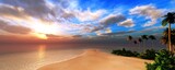 Beautiful beach with palm trees at sunset, beautiful seascape with clouds at sunrise, ocean and sun, 3D rendering