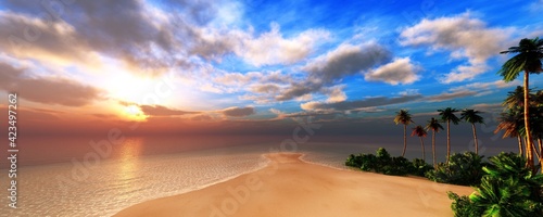 Beautiful beach with palm trees at sunset, beautiful seascape with clouds at sunrise, ocean and sun, 3D rendering