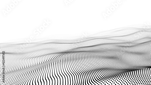 Abstract white wave with moving dots. Flow of particles. Vector cyber technology illustration.