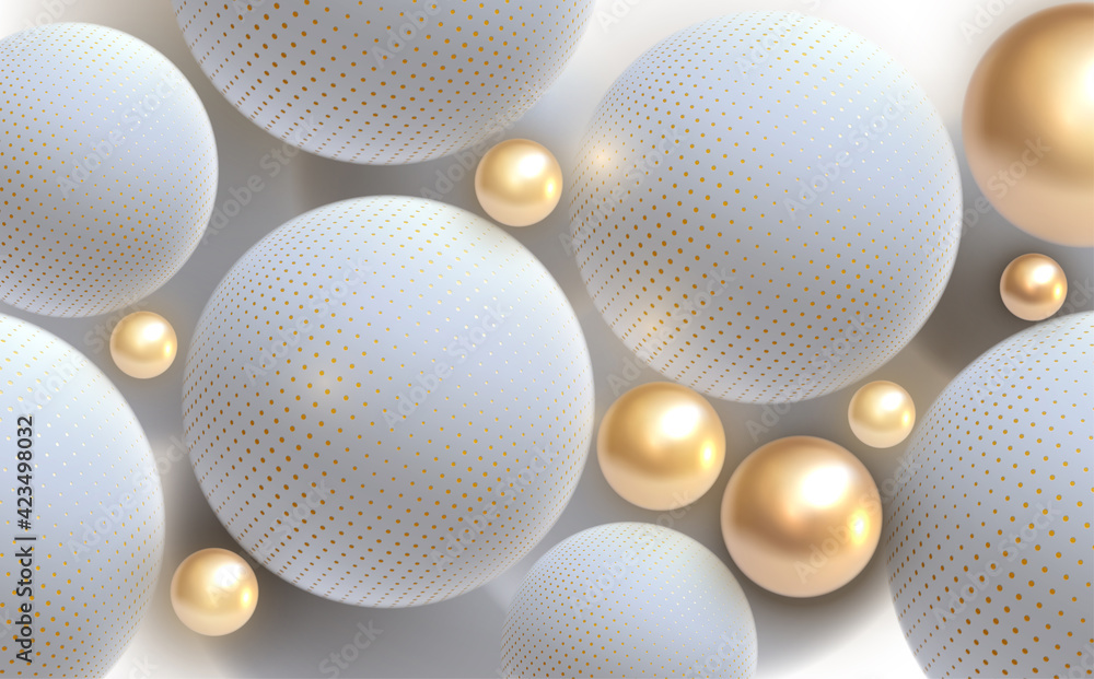 Abstract background with 3d spheres. Golden and white bubbles. Vector illustration of balls textured with halftone pattern. Jewelry cover concept. Abstract background with 3d spheres. Golden and white bubbles. Vector illustration of balls textured with halftone pattern. Jewelry cover concept.