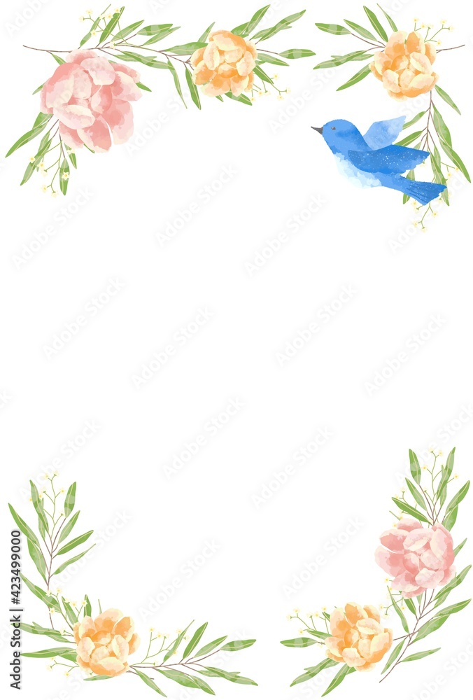 優しいタッチの幸せを運ぶ青い鳥と薔薇と勿忘草とユーカリのフレーム 優しいタッチの幸せを運ぶ青い鳥と薔薇と勿忘草とユーカリのフレーム