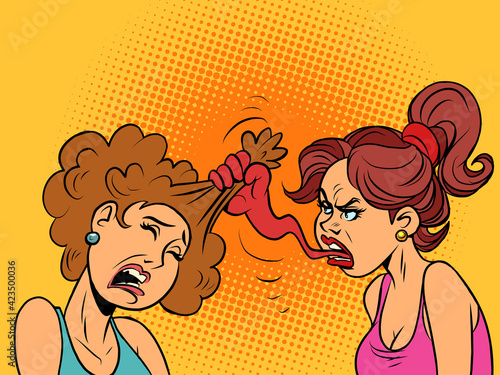 Two female friends are having a row. The couple quarrels. Tongue like a fist