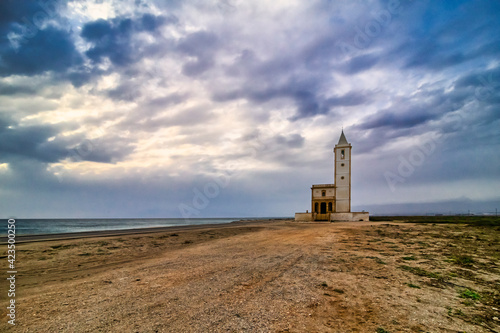Church of Las Salinas  famous in Almeria  natural park of Cabo de Gata  Spain. Has grain and intentional noise.