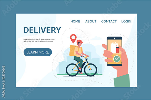 Food delivery service concept and app for tracking online orders, home delivery. Electric bike, courier. Website template with flat vector illustrations