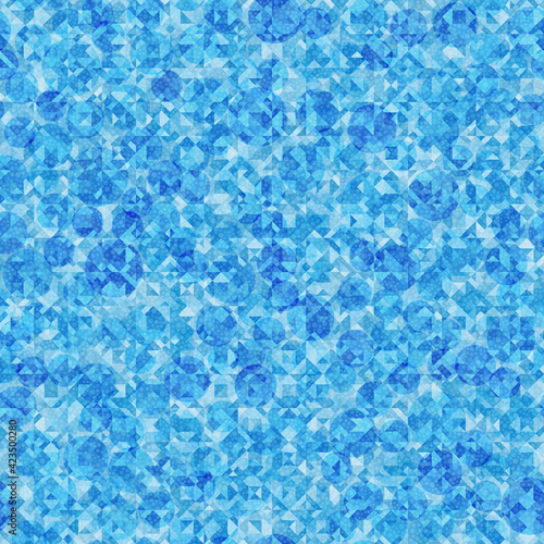 Seamless pattern. Shades of blue. Crystalline background and transparent circles in the foreground.