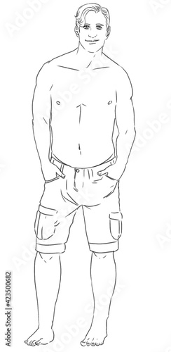 Black and white digital illustration of a standing shirtless man wearing shorts