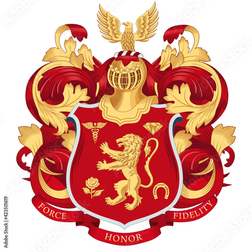 Family coat of arms. Knight's helmet over the shield. Heraldic lion and different symbols. Motto ribbon with the inscription force honor fidelity