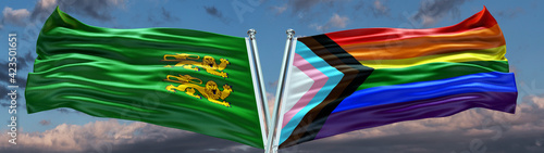 Dhekelia Garrison Flag and New LGBT Flag waving with texture Blue sky could Double flag photo