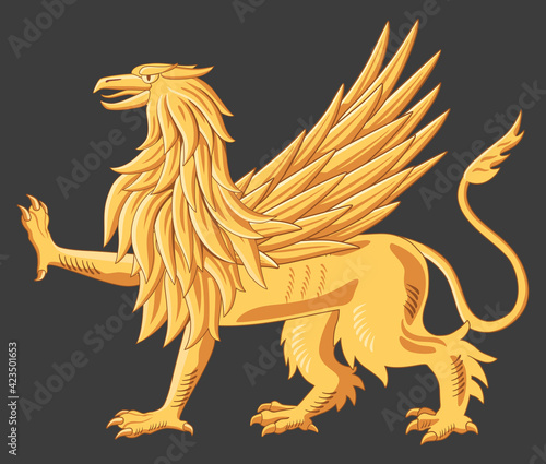 Illustration of a golden griffin with wings. Traditional heraldry. Vector graphics