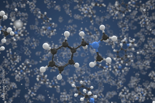 Benzyldimethylamine molecule, ball-and-stick molecular conceptual model. Scientific 3d rendering