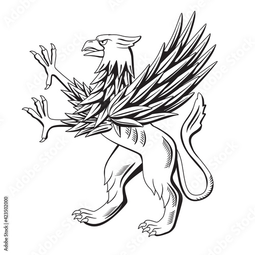 The heraldic black and white griffin stands on its hind legs. Vector graphics