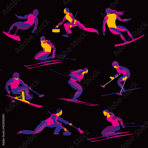 Winter sports. Set of decorative stylish athletes. Vector graphics