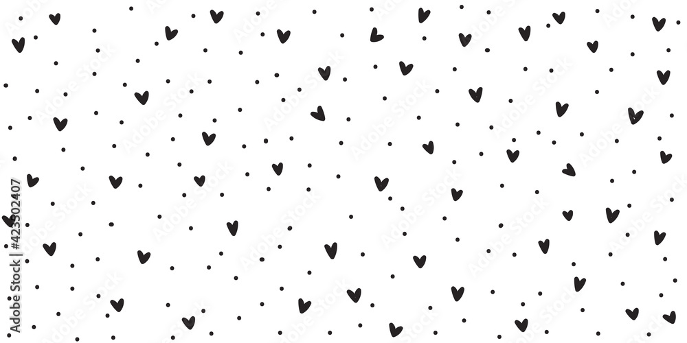 Black white background with hearts and dots, seamless pattern - obrazy, fototapety, plakaty 