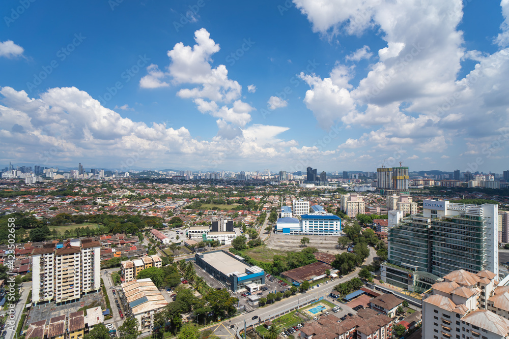 High rise view from top of city of Malaysia, blue sky, Selangor, Petaling Jaya, Kelana Jaya, UNITAR, Proton.