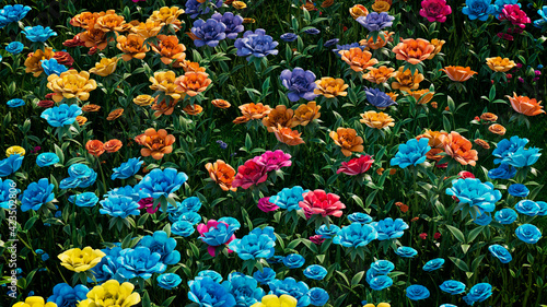 Multicolored Flower Background. Floral Wallpaper with Orange, Violet and Turquoise Roses. 3D Render