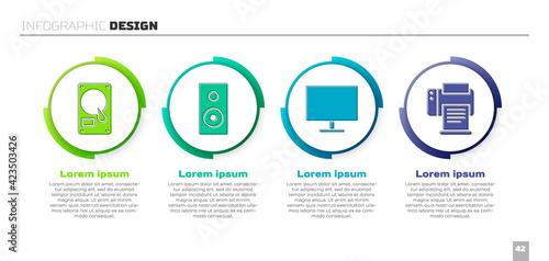Set Hard disk drive HDD, Stereo speaker, Computer monitor screen and Printer. Business infographic template. Vector