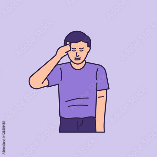 a man who has a headache. suffering from brain cancer, migraines, dizziness. illustration of the expression of a person who is enduring pain. outline or line style. vector design