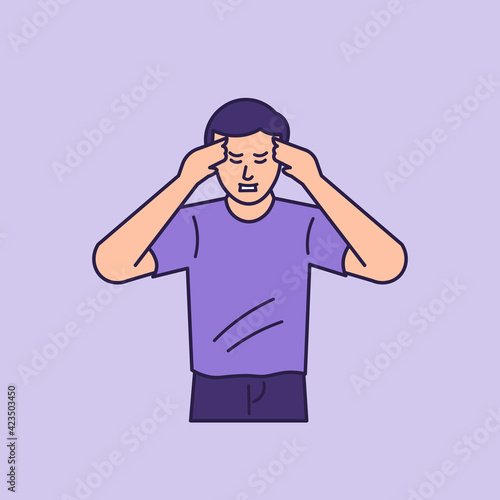 a man who has a headache. suffering from brain cancer, migraines, dizziness. illustration of the expression of a person who is enduring pain. outline or line style. vector design