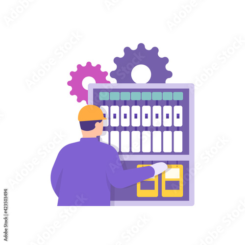 the concept of a PLC programmer, instrumentation technician, electrical, automation engineer. a factory worker repairing or checking a control system or electronic device. flat style. vector design
