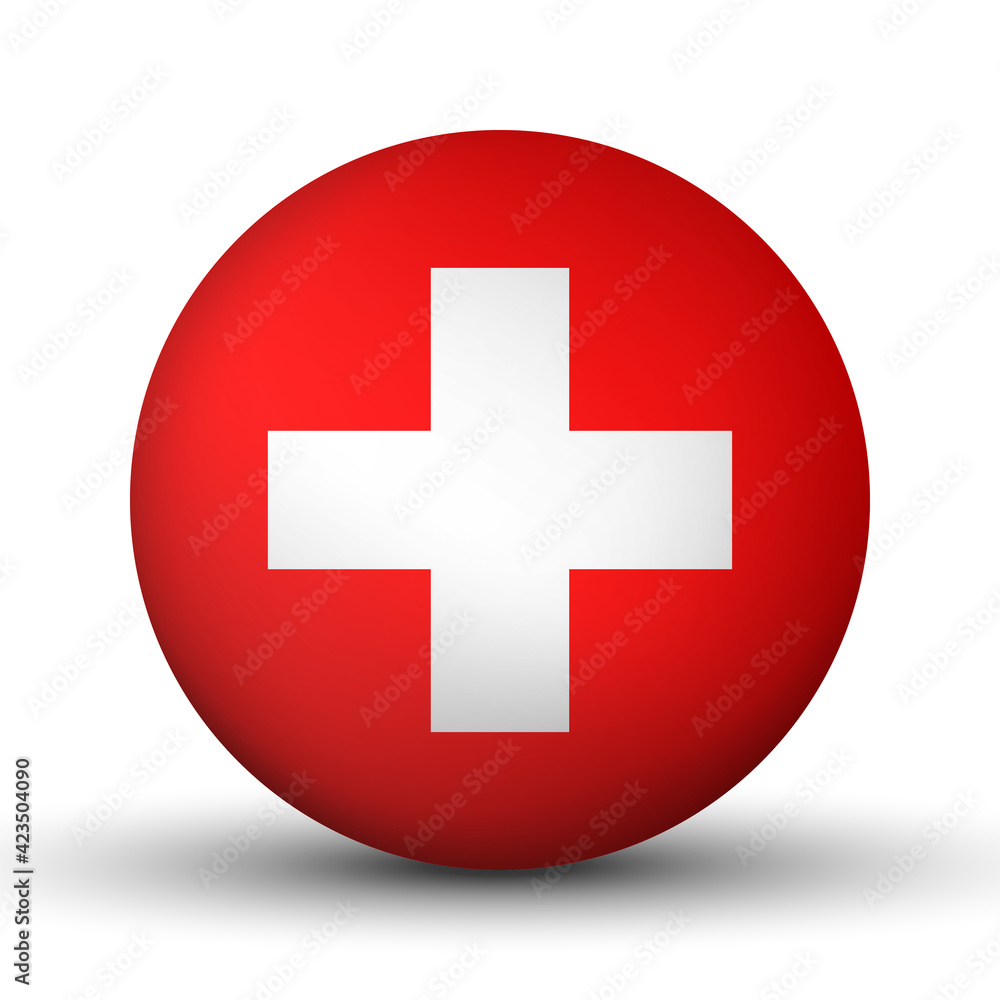 Glass light ball with flag of Switzerland. Round sphere, template icon. Swiss national symbol. Glossy realistic ball, 3D abstract vector illustration highlighted on a white background. Big bubble Glass light ball with flag of Switzerland. Round sphere, template icon. Swiss national symbol. Glossy realistic ball, 3D abstract vector illustration highlighted on a white background. Big bubble