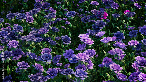 Multicolored Flower Background. Floral Wallpaper with Purple and Violet Roses. 3D Render