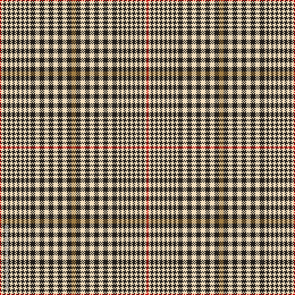 Glen plaid pattern design in black, gold, beige, red. Seamless dark check plaid graphic vector for spring autumn winter dress, skirt, blanket, trousers, other modern everyday fashion textile print.