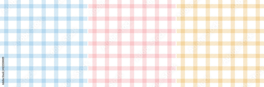 Seamless check plaid pattern set. Pastel blue, pink, yellow, white small simple checks for cloth, napkin, handkerchief, other modern spring summer everyday casual fashion textile or paper print.