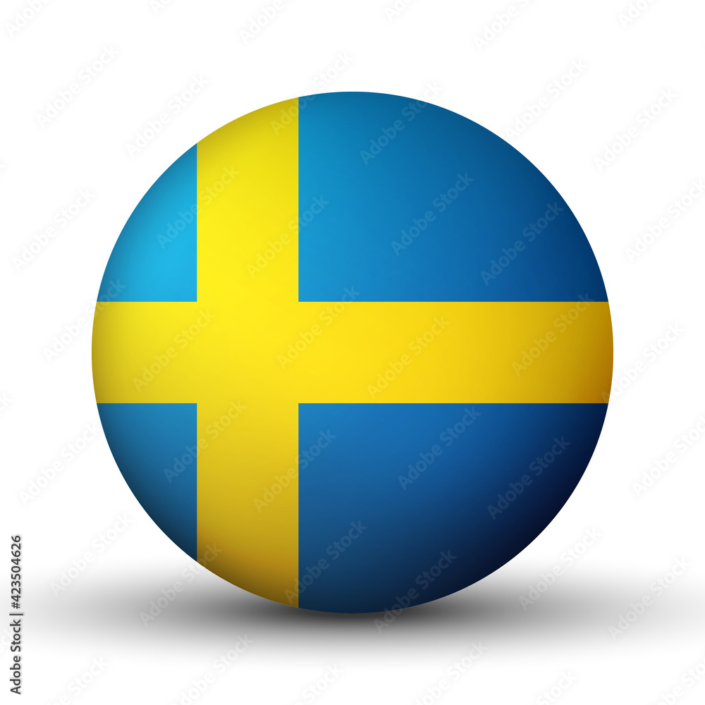 Glass light ball with flag of Sweden. Round sphere, template icon. Swedish national symbol. Glossy realistic ball, 3D abstract vector illustration highlighted on a white background. Big bubble Glass light ball with flag of Sweden. Round sphere, template icon. Swedish national symbol. Glossy realistic ball, 3D abstract vector illustration highlighted on a white background. Big bubble