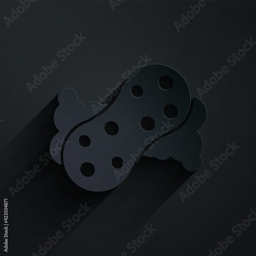 Paper cut Sponge with bubbles icon isolated on black background. Wisp of bast for washing dishes. Cleaning service logo. Paper art style. Vector