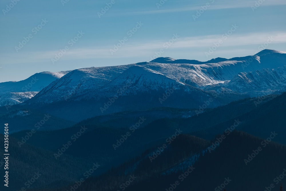 Carpathian mountains, winter, snow-capped peaks, viaduct, horse