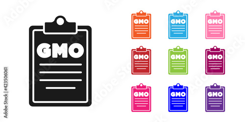Black GMO icon isolated on white background. Genetically modified organism acronym. Dna food modification. Set icons colorful. Vector