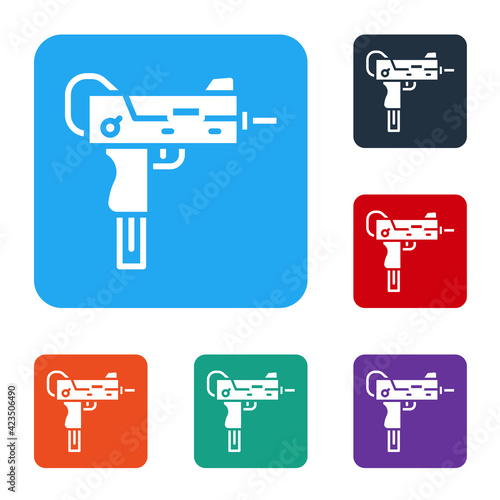 White UZI submachine gun icon isolated on white background. Automatic weapon. Set icons in color square buttons. Vector