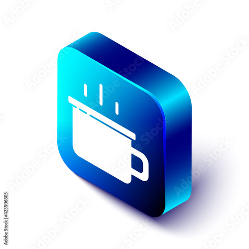 Isometric Coffee cup icon isolated on white background. Tea cup. Hot drink coffee. Blue square button. Vector