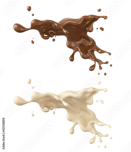 dark Chocolate and white chocolate splashes isolated on white background