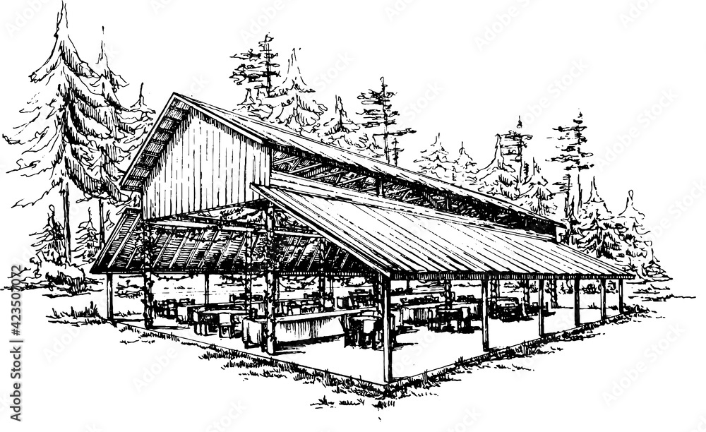 Obraz premium country barn house interior wedding sketch. monochromatic illustration on white background