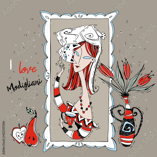 I love Modigliani. Painting with a lady in the Art Nouveau style. Modigliani art. Vector. A lady with a cat