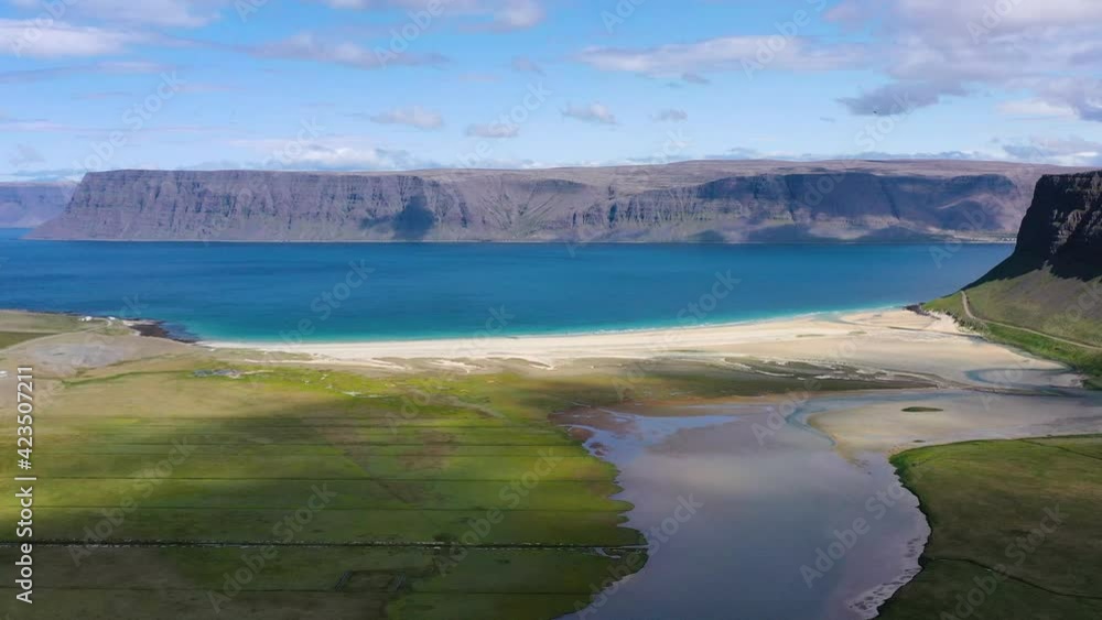 Iceland. Aerial view on the coast line, mountains and ocean. Beach and sea from air. Summer seascape from drone. Travel and vacation video Iceland. Aerial view on the coast line, mountains and ocean. Beach and sea from air. Summer seascape from drone. Travel and vacation video