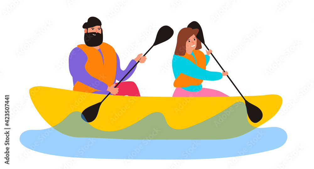 couple man and woman rowing canoe kayak with paddles vector illustration