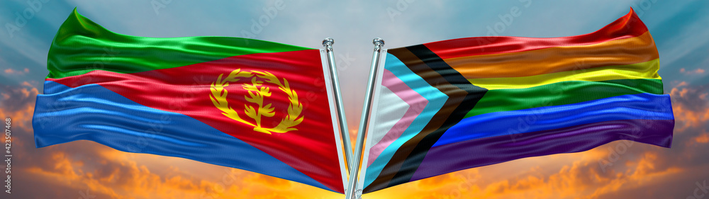 Eritrea Flag and New LGBT Flag waving with texture Blue sky could