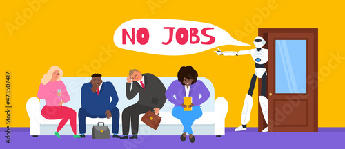 robot humanoid says no jobs  sitting business people  in office unemployment jobless concept