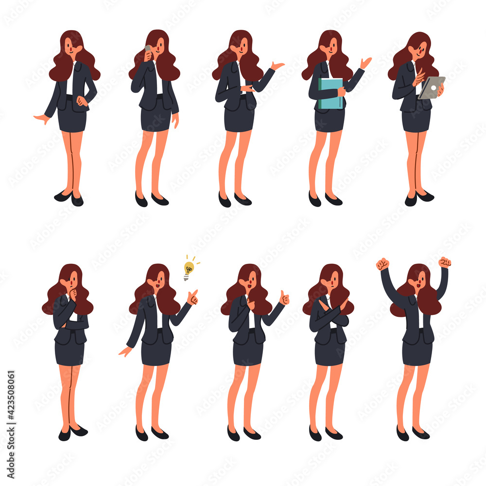 Fototapeta premium Set of cute businesswoman cartoon character standing in difference postures character flat vector illustration isolated on white background. Employee collection design.