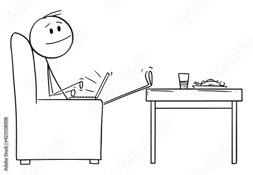 Happy Man or Entrepreneur Working at Home on Computer, Vector Cartoon Stick Figure Illustration