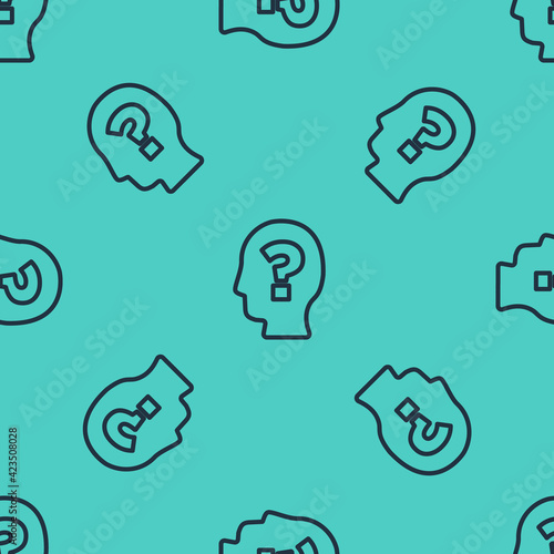 Black line Human head with question mark icon isolated seamless pattern on green background. Vector