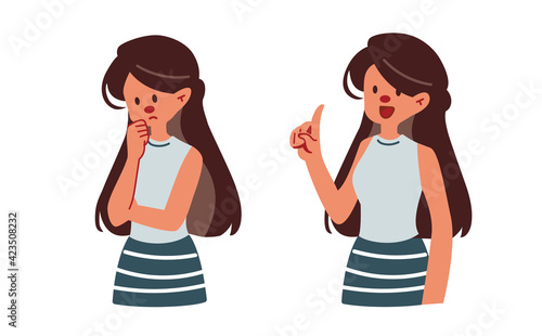 A thinking woman and get good idea flat vector illustration. A portrait of woman make an decision by touching her chin or her head. A woman thinking and solve the problem.