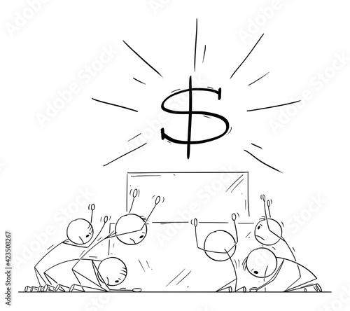 Group of People or Businessmen Worship or Invoke Money or Dollar Symbol as God.Vector Cartoon Stick Figure Illustration