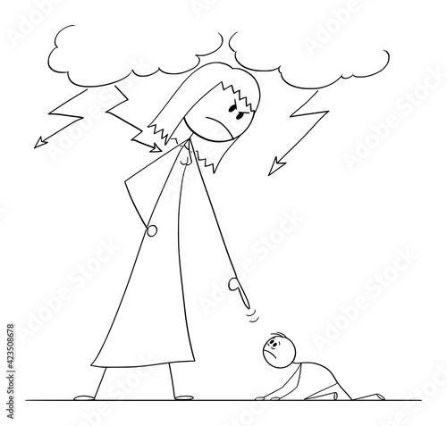 Woman Oppressing Man Using His Power, Vector Cartoon Stick Figure Illustration