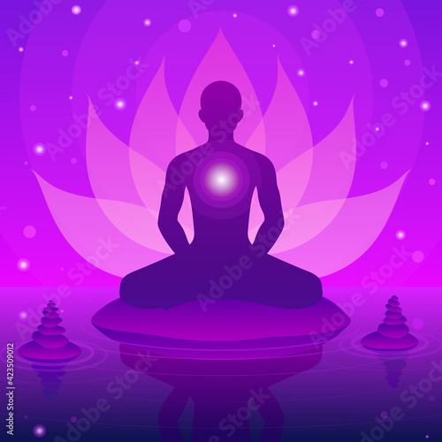Silhouette human sitting and meditation on fantasy lotus background