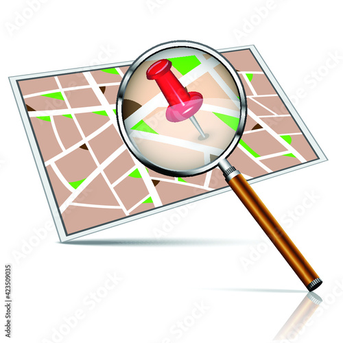 Find location. Loupe and thumbtack on map isolated