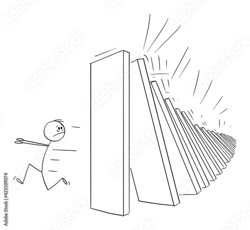 Man Running Away From Falling Domino Peaces, Domino Effect, Vector Cartoon Stick Figure Illustration